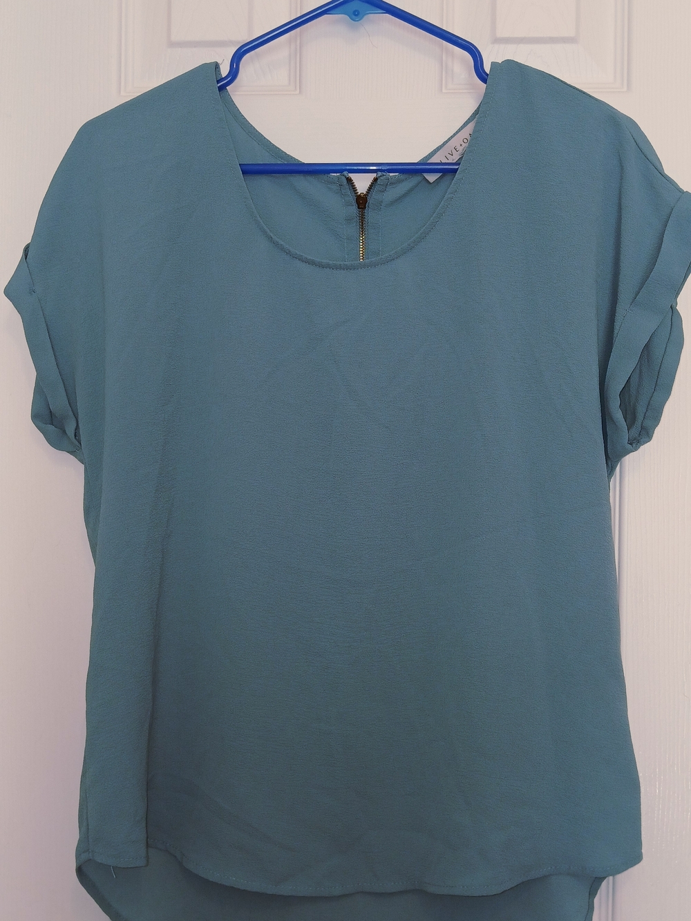 Olive & Oak Teal Short Sleeve Blouse with Back Zip